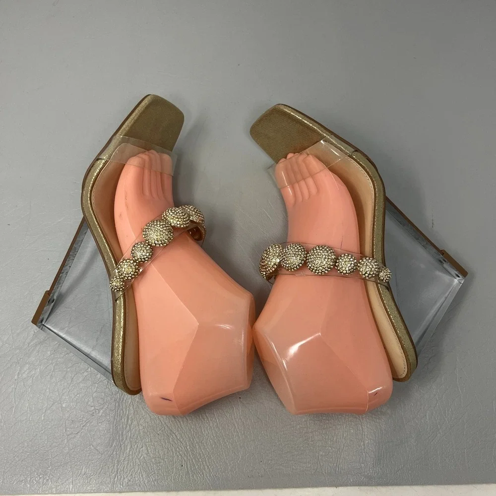 Betsey Johnson Women Sandals 8.5 Y2K Clear Heel Gold Statement Rhinestone‎ Party